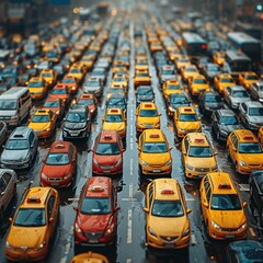 Fototapeta premium Cars trapped in a traffic jam on a rainy day, water reflecting the congestion.