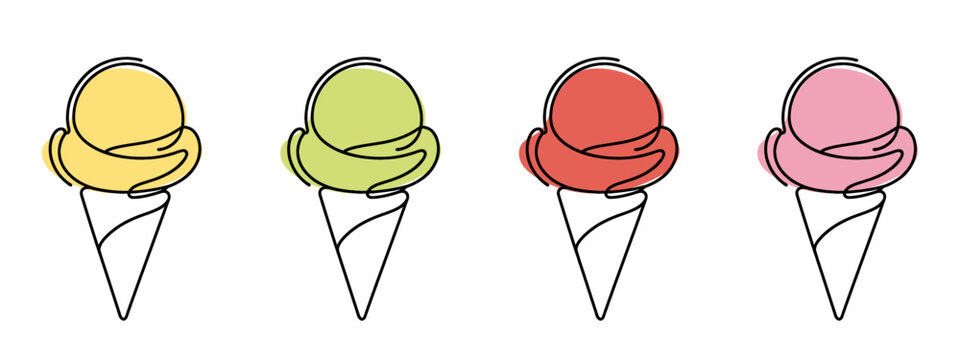 Ice cream in waffle cone in one continuous line drawing. Symbol dessert gelato for menu and business card design in simple linear style. Editable stroke. Doodle contour vector illustration