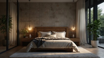 Modern bedroom, evening with mood lighting