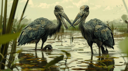 Two Shoebills, a giant stork with a massive shoe-shaped bill, wading through a papyrus swamp in search of prey. - Powered by Adobe