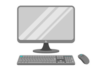 Monitor keyboard and mouse vector illustration isolated on color background flat cartoon style, idea of computer workplace, working table, work desk with pc