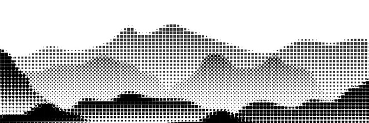 Grayscale vector halftone dots background with a fading dot effect, resembling a abstract mountain landscape. Black noise dots, a sand grain effect, and grunge banner for an abstract, textured pattern