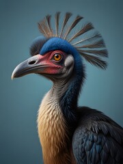 A Cassowary bird is sitting on a blue background. AI generated image