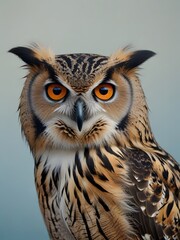 An Eagle Owl bird is sitting on a blue background. AI generated image