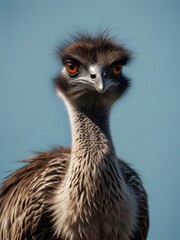 An Emu bird is sitting on a blue background. AI generated image