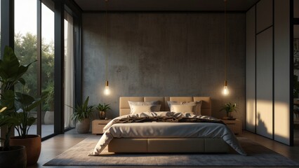 Modern bedroom, evening with mood lighting