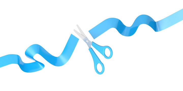 Ribbon Cutting. Grand opening ceremony. Scissors cut blue ribbon. Isolated. 3d illustration.