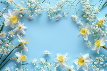 Naklejka na ściany i meble Enchanting Spring Landscape: Vibrant Daffodils and Gypsophila Blossoms, Scenic Beauty of Spring: Daffodils and Gypsophila Painting Nature's Canvas