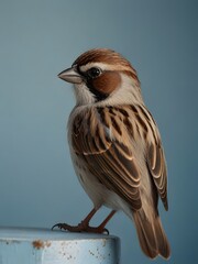 A Sparrow bird is sitting on a blue background. AI generated image