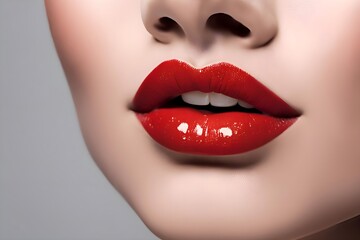 Lips Chin Woman Close Up Beauty Red Lip Makeup Glossy Lipstick And White Teeth Make Your Tongue Out Background