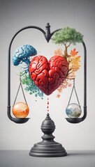 balance your life, logic and feel concept with heart and brain in hands at grey background watercolor Painting
