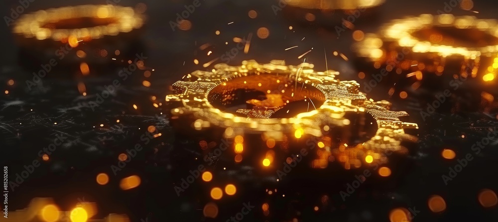 Poster fiery sparks close up of synchronizing gears in motion against blurred background with copy space