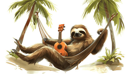 Clipart of a relaxed sloth strumming a ukulele while swinging gently in a hammock tied between two p Generative AI - Powered by Adobe