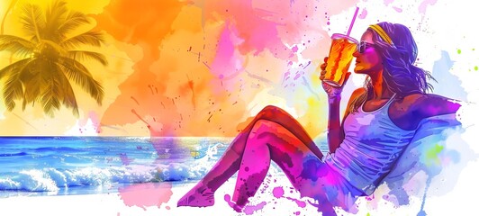 Woman enjoying refreshing drink on sunny beach. Beachgoer with summer cocktail. Concept of summer relaxation, beach vacation, refreshing drinks, leisure. Watercolor illustration. Space for text