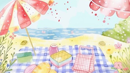 Watercolor picnic scene on a beach under a colorful umbrella. Artistic representation of a seaside picnic. Concept of leisure, summer outings, and playful atmosphere