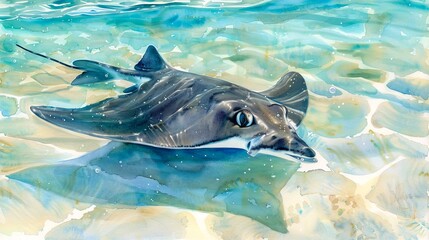 Fototapeta premium Stingray gliding through clear shallow waters. Serene marine animal in its natural habitat. Concept of aquatic life, peace in nature, and ocean. Watercolor illustration. Aquarelle