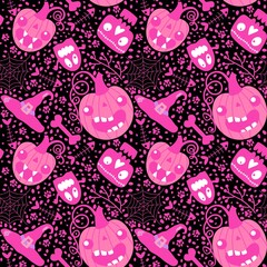 Cartoon Halloween pumpkins seamless ghost and skulls and bones and web and witch hat pattern