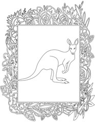 Kangaroo in A Floral Frame Coloring Page. Printable Coloring Worksheet for Kids. Educational Resources for School and Preschool.