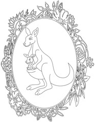 Kangaroo in A Floral Frame Coloring Page. Printable Coloring Worksheet for Kids. Educational Resources for School and Preschool.