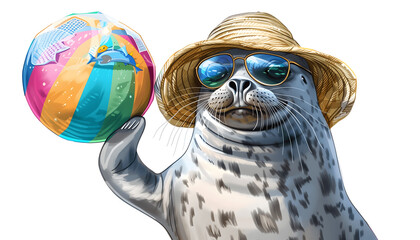 Clipart of a joyful seal wearing a sun hat and sunglasses balancing a colorful beach ball on its no...