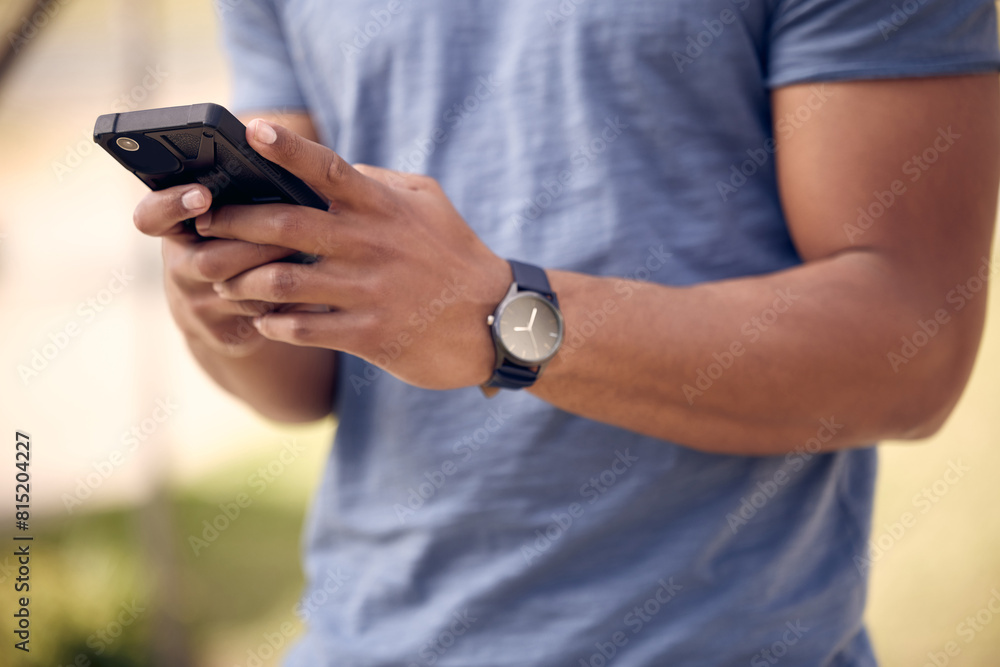 Poster phone, hands and student in park, outdoor and typing in app with connection to social media and chat