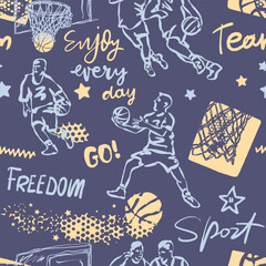 Seamless pattern for basketball, hand drawing, typography. Print design for T-shirts. Sports background with text and ball for a boy. Sketch, grunge style.
