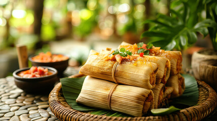 A basket of tamales, a traditional and popular Mexican food, wrapped in palm leaves on the table
