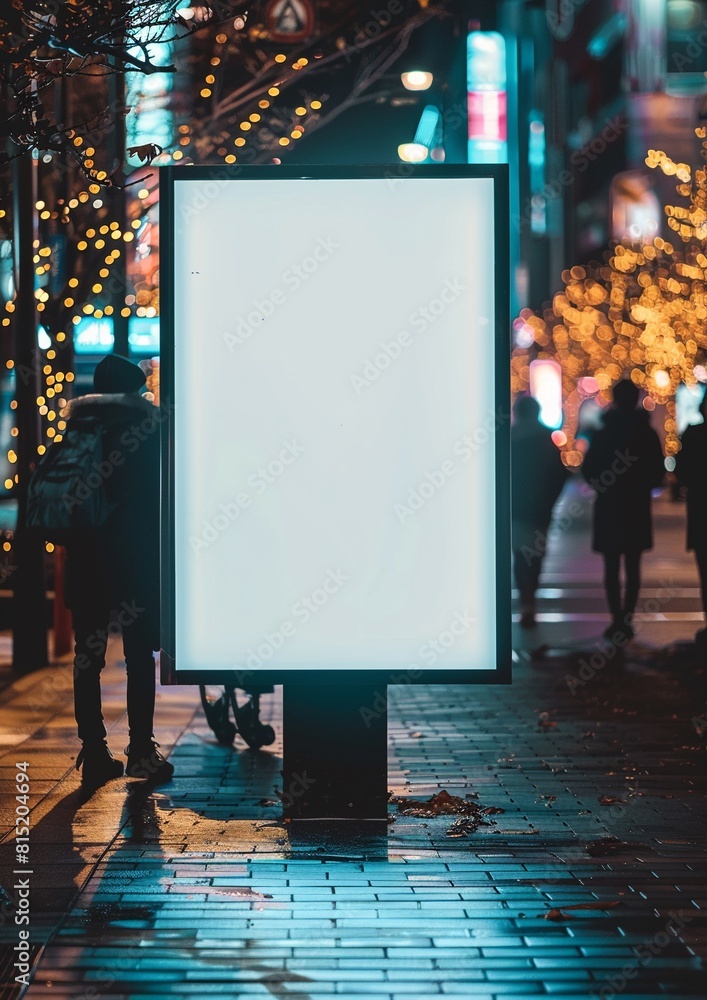 Wall mural blank white vertical digital billboard poster on city street bus stop sign at night. street advertis