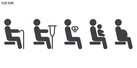 Simple Passenger Priority flat icon Old man, Elderly, Pregnant woman, Woman with baby, Orthopedic crutches mobility Human vector sign. Priority seating and disability icon in transparent background.