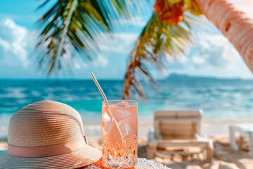 Cocktail in a transparent glass with a straw and a straw hat on a table under a palm tree near a sun lounger on a sandy beach by the sea,copy space