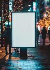 Blank white vertical digital billboard poster on city street bus stop sign at night. Street advertising bus stop mockup copy space.
