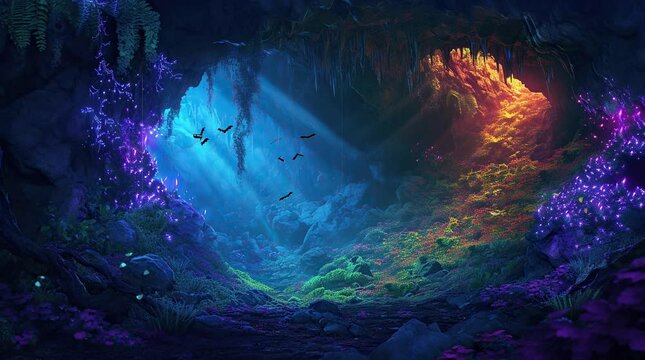 Fantasy glowing cave. Enchanting underground world illuminated by magical light.
Seamless looping 4k time-lapse virtual video animation background. Generated AI