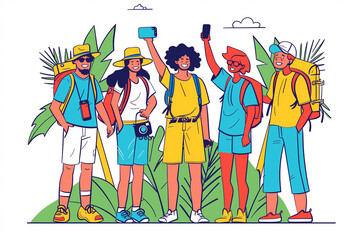 Fototapeta premium Group of Friends Celebrating Selfie Day Outdoors With Bright Smiles and Cameras in Hand