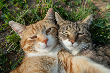 Two Adorable Cats Snuggling Together on Lush Grass Celebrating Selfie Day