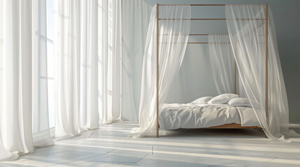 Tranquil Haven: Minimalist Bedroom with Canopy Bed and Billowing Sheer Curtains