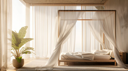 Tranquil Haven: Minimalist Bedroom with Canopy Bed and Billowing Sheer Curtains