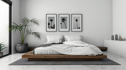 Modern Serenity: Minimalist Bedroom with Platform Bed and Gallery Wall of Black and White...
