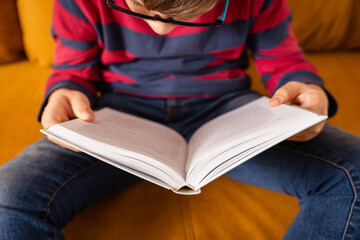 Inquisitive Schoolboy in Eyeglasses Engrossed in Reading on Sofa