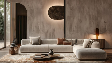 Contemporary Comfort: Minimalist Living Room with Low-Profile Sofa and Statement Area Rug