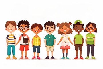 Cute cartoon different nationalities children set on white background.