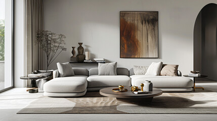 Modern Comfort: Minimalist Living Room with Modular Sofa and Statement Area Rug