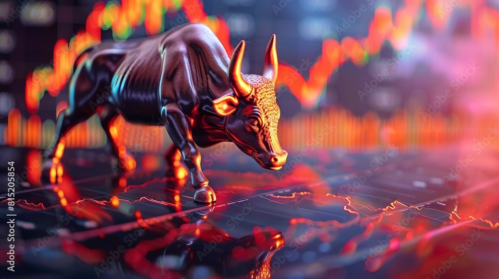 Poster a bull statue is in front of a graph with red lines