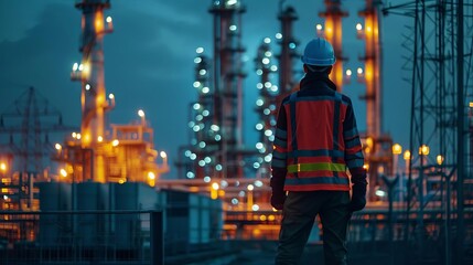 A man in a safety vest stands in front of a large industrial plant