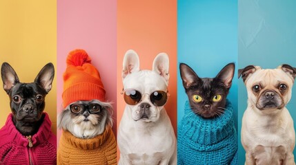 A group of very fashionable pets are posing, all wearing different outfits. The center dog is wearing sunglasses.