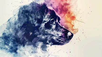 Colorful watercolor portrait of a fluffy dog's face