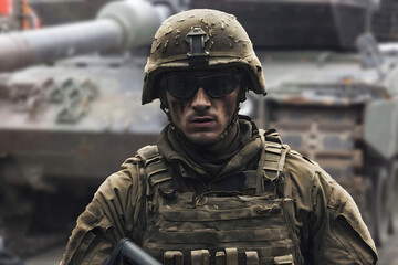 Portrait of a military man on the background of military equipment.