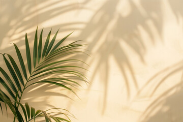 Coastal Vibes: Gentle Blurred Shadow of Palm Leaves Falls on Light Cream Wall Evoking Relaxing Beach Ambiance