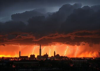 Dramatic Industrial City Skyline Silhouetted Against a Fiery Sunset with Thunderstorm and Lightning