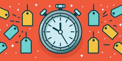 Retro Classic Stopwatch Surrounded by Price Tags in a Vivid Animated Style Illustration