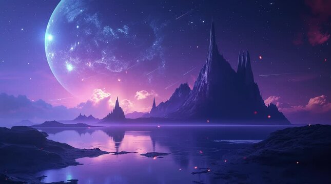 Enchanting fantasy landscape on an alien planet surface with surreal elements
Seamless looping 4k time-lapse virtual video animation background. Generated AI